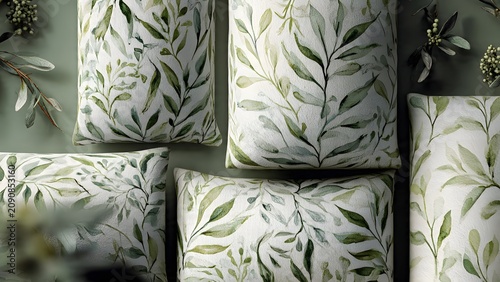 Elegant Green Leaf Pattern Pillows on Light Fabric