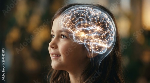 Child gazing at glowing digital brain model. Concept of childhood imagination, creativity and cognitive development. Neuroscience, mental growth and futuristic education technology study.