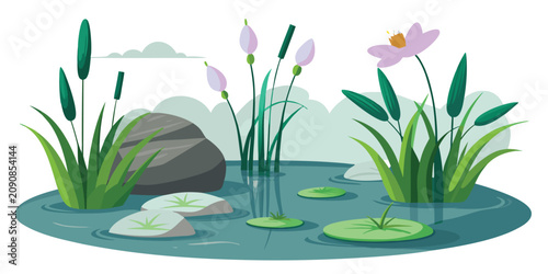 Pond scene with water lilies, cattails, and smooth stones on a clean white background