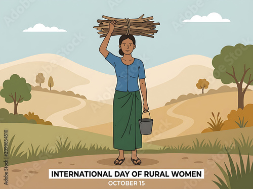 Elegant awareness graphic for International Day of Rural Women showcasing a female worker holding a bucket and sticks.