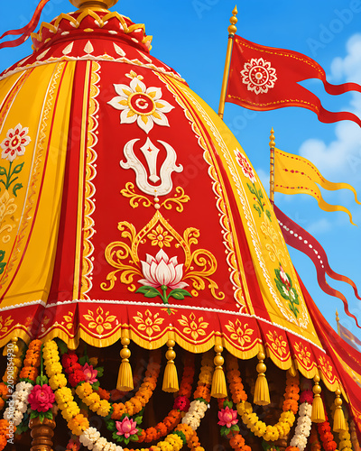 Premium Jagannath Rath Yatra Festival Web Banner Template Featuring Sacred Temple Chariot, Floral Decorations, Copy Space, Editorial Background, and Luxury Vector Illustration
