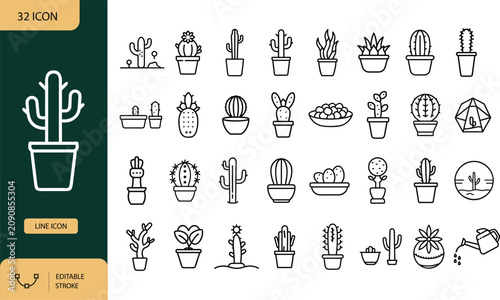 Cactus Line Icons Set, Succulent Desert Plants and Houseplants in Pots Outline Symbols. Vector illustration