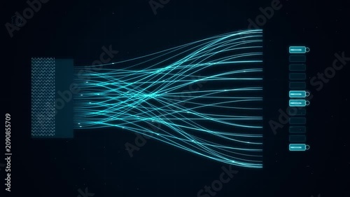 Abstract digital data flow processing, blue particles streaming into organized blocks, technology background