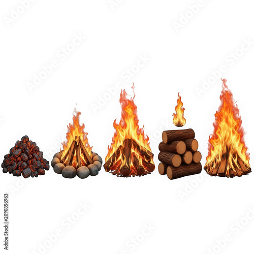 Five different campfires with logs and embers isolated on a transparent background flames