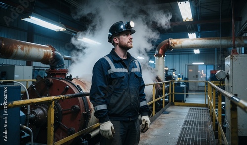 Industrial Worker Inspecting Boiler Steam in Factory Setting