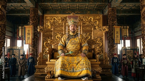 Emperor on Golden Throne in Ornate Palace Hall.