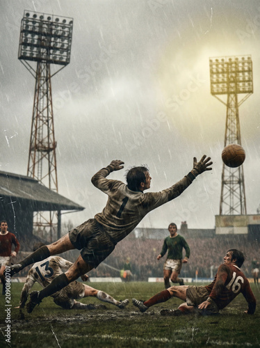 Retro Goalkeeper Diving for Ball in Rainy Soccer Match