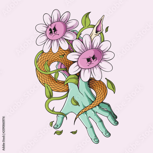 Surreal Cartoon Zombie Hand with Angry Daisy Flowers and Wrapped Snake Illustration