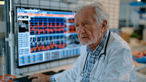 Elderly cardiologist in a minimalist clinic reviewing integrated electronic health records on a wall-mounted display, patient vitals flowing across touchscreen panels, afternoon light casting precis