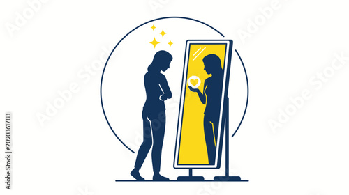 Bild auf Leinwand Woman Self Love Mirror Reflection Heart Silhouette Stars Circle