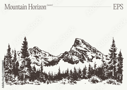 Mountain horizon with pine forest, hand drawn sketch illustration