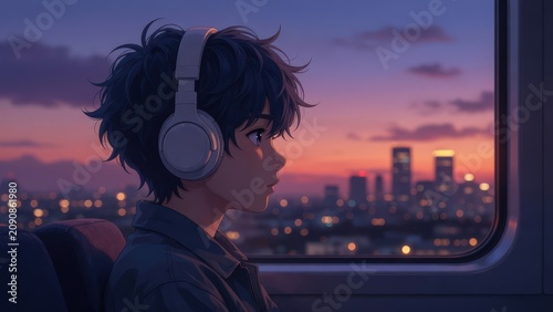 Young Man With Headphones Gazing Out Train Window At City Sunset, Contemplative Travel Portrait
