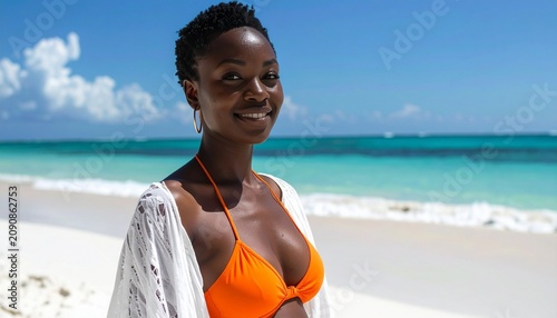an african american woman with short hair wearing an orange bikini and white sarong pareo  on the tropical beach with white sand and blue water