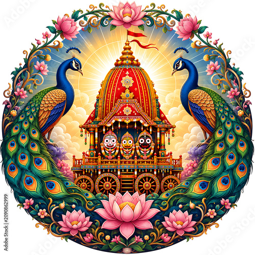 Magnificent Jagannath Rath Yatra Festival Banner Template with Traditional Temple Chariot, Floral Decorations, Copy Space, Premium Editorial Vector Illustration Background