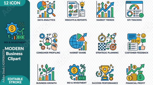 Set of 12 modern business and finance icons showing data analytics market trends and growth