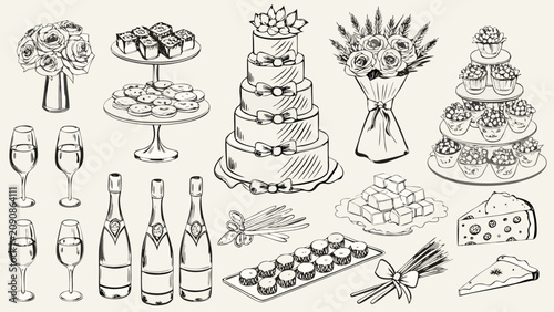 Elegant line art illustration depicting champagne bottles tiered cakes pastries and floral bouquets on a neutral background