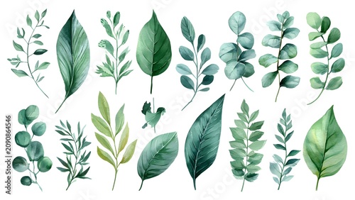 Fresh Green Leaves Watercolor Botanical Set