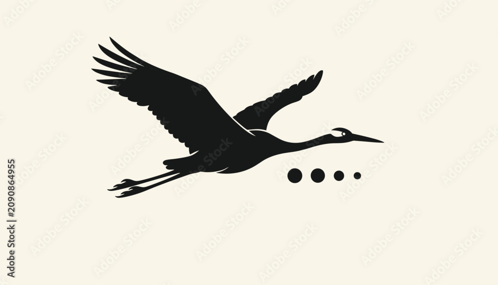 Fototapeta premium Majestic black silhouette of a crane bird soaring gracefully through the air on an off-white background.