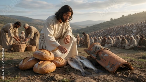 Jesus blessing five loaves and two fish placed beside a single weathered roof tile from a humble home