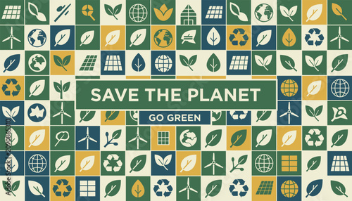 Save the planet green and yellow eco friendly promotional poster composed of grid tiles with diverse environmental icons.