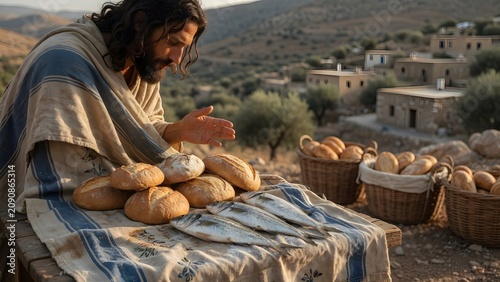 Jesus blessing five loaves and two fish on a folded household apron used for serving family meals