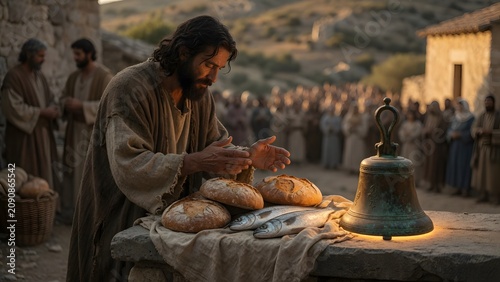 Jesus blessing five loaves and two fish beside a small household bell used to call a family to meals
