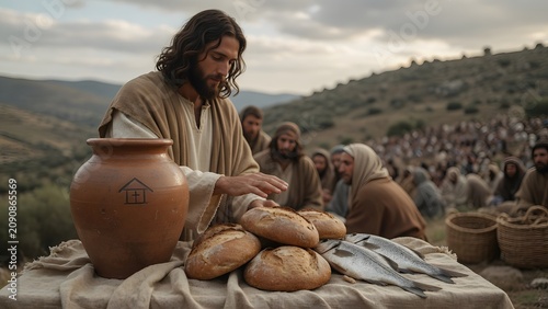 Jesus blessing five loaves and two fish beside a household water jar painted with a tiny home symbol