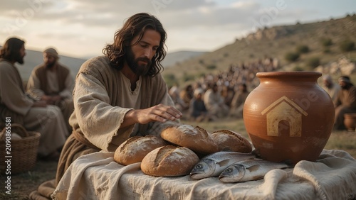 Jesus blessing five loaves and two fish beside a household water jar painted with a tiny home symbol