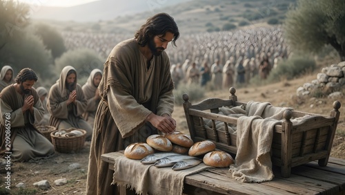 Jesus blessing five loaves and two fish beside a simple household cradle as a sign of fragile beginnings becoming provision