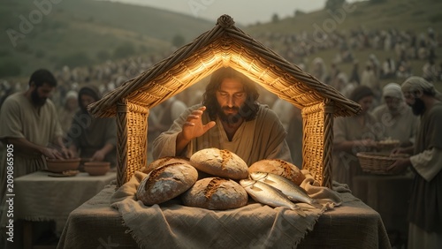 Jesus blessing five loaves and two fish beneath a simple woven basket lid shaped like a small roof