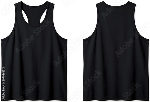 Black sleeveless tank top for active sports—blank garment.