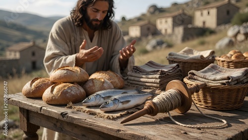 Jesus blessing five loaves and two fish beside a small household spindle used for weaving family cloth