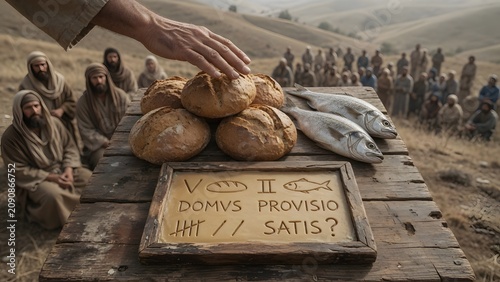 Jesus blessing five loaves and two fish beside a simple wax tablet used to count household provisions
