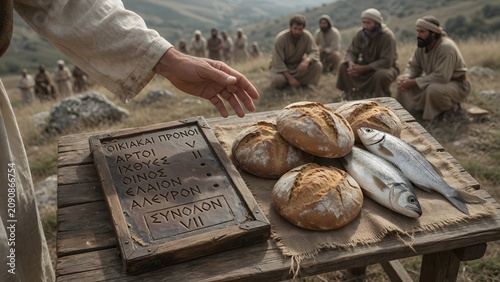 Jesus blessing five loaves and two fish beside a simple wax tablet used to count household provisions