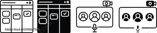 Four stages of video conferencing interface design with user icons and microphone symbols