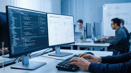 Software developer designing workflow automation tools in a modern technology workspace