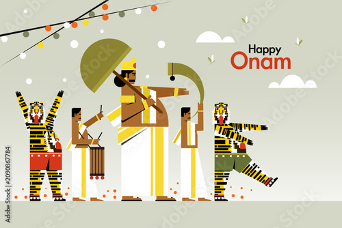 Happy Onam greeting vector illustration featuring Mahabali leading a festive Pulikali tiger dance procession with traditional musicians, celebrating the rich cultural heritage of Kerala, India