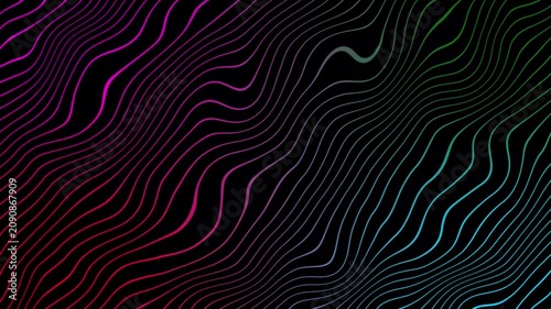Abstract neon wavy lines background multicolor gradient glowing curve wave pattern fluid motion topographic soundwave backdrop seamless loop video isolated on black.
