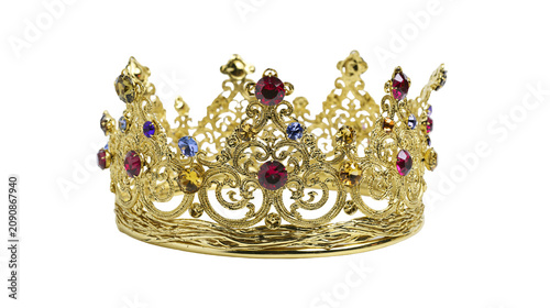 Obraz na płótnie Ornate golden crown adorned with colorful gemstones, isolated on transparent bac