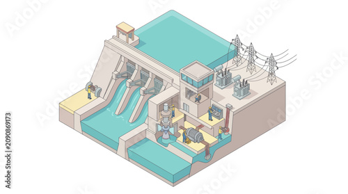 Konstfotografi Isometric Hydroelectric Power Plant Generating Clean Energy.