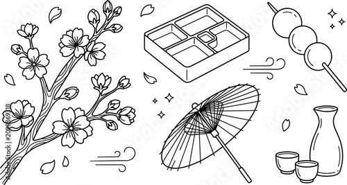 Japanese culture line art vector set featuring cherry blossom branch, wagashi dango, sake bottle, parasol umbrella and bento illustration
