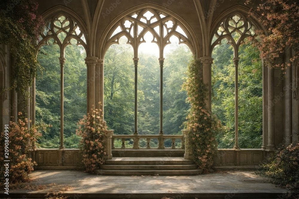 Obraz premium Gothic ruins amidst lush greenery.
