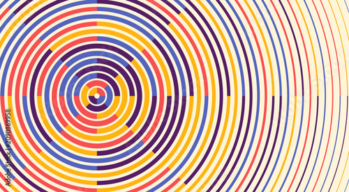 Colorful concentric circles radiating from a central point creating a bold hypnotic op art pattern. Vector illustration.