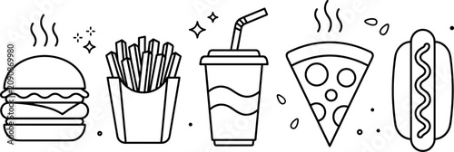 Fast food line art vector set featuring burger, fries, soda drink, pizza slice and hot dog minimal illustration