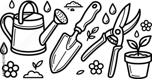 Gardening tools line art vector set featuring watering can, hand shovel, pruning shears and potted plant illustration
