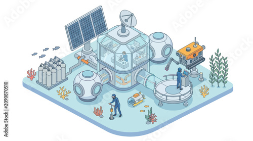 Bild auf Leinwand Isometric underwater research station with divers and marine life