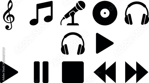 Music player silhouette vector icon set featuring microphone, headphones, vinyl record and media control buttons collection