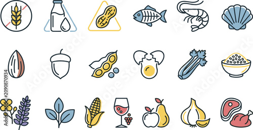 Healthy food nutrition line art vector icon set featuring allergen symbols, vegetables, fruits, grains and protein sources illustration