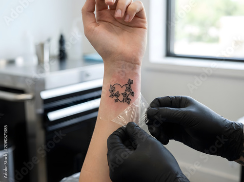 A tattoo artist removes the protective film from a tattoo on his wrist