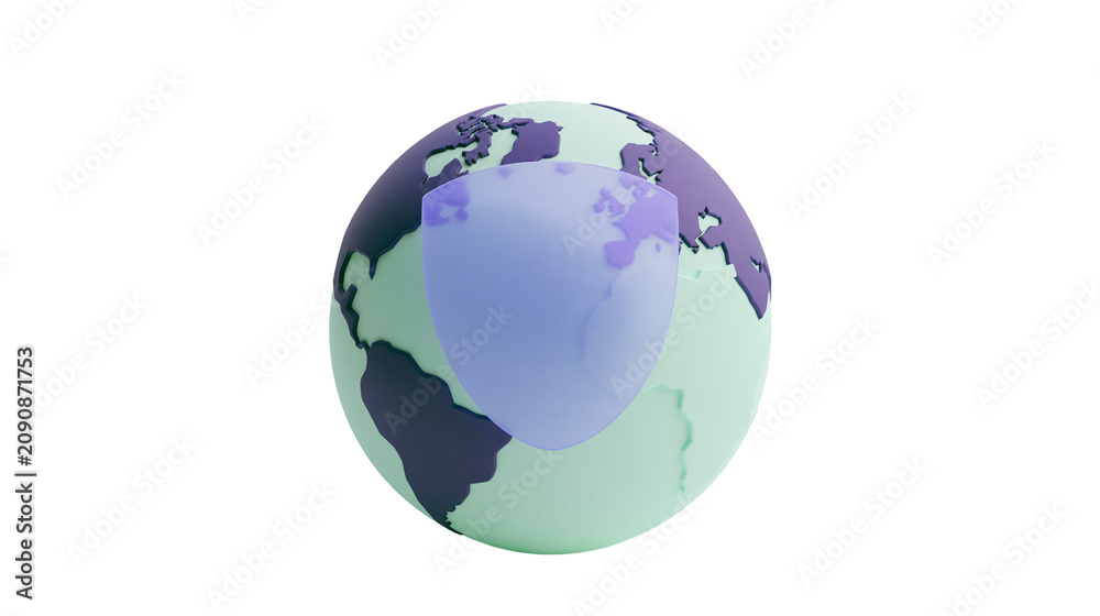 Fototapeta premium Stylized globe with protective shield over North America, isolated on transparent background